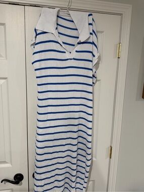 Striped Knit Polo Maxi Dress - White & Royal Blue